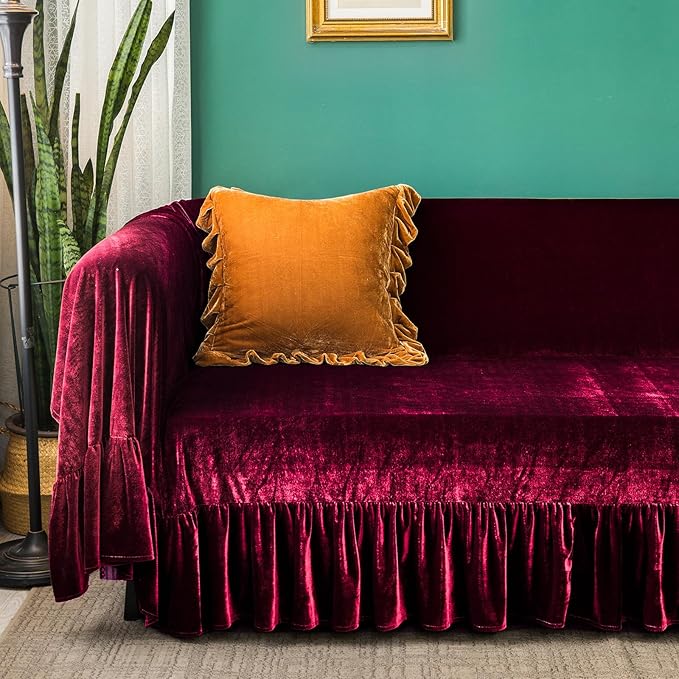 GLORY SEASON Velvet Sofa Cover Soft Decorative Luxurious Solid Exquisite Ruffle - Image 3