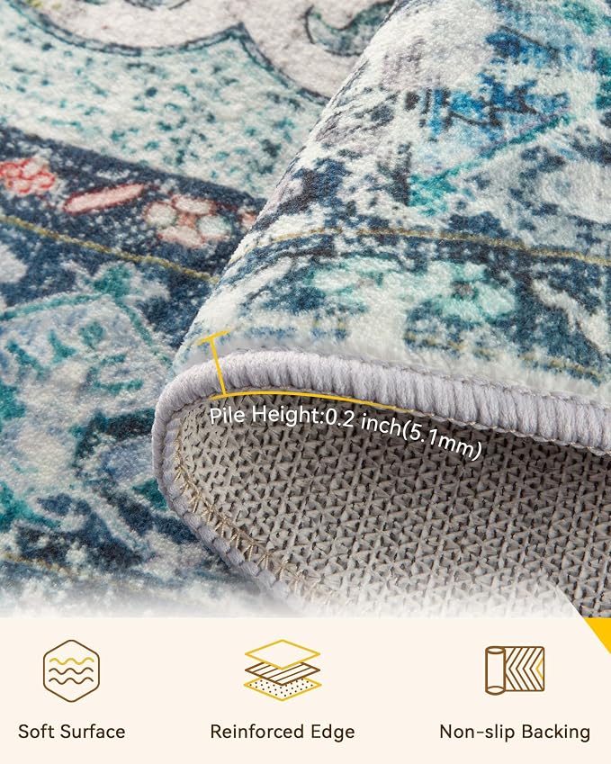 RELEANY Area Rugs Round 7ft Washable Non-Slip, Floral Vintage Distress Print - Image 3