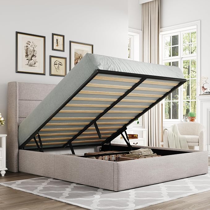 Allewie Queen Size Lift Up Storage Bed, Modern Wingback Headboard, Hydraulic by Allewie
