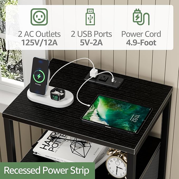 BOLUO Black Night Stand with 3 Fabric Drawers, Nightstand with Charging Station - Image 5