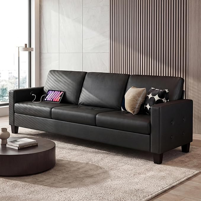 STHOUYN Black Faux Leather 3 Seater Sofa and Accent Chair Set of 2, Modern - Image 9