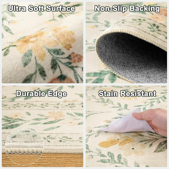 Area Rug Living Room Rugs: Floral 5x7 Washable Rug Vintage Soft Boho Non-Slip - Image 7