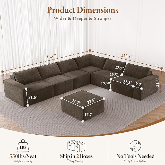 Vesgantti 143.7" Oversized Boneless Couch, Modern 7 Seater Modular Sectional - Image 2