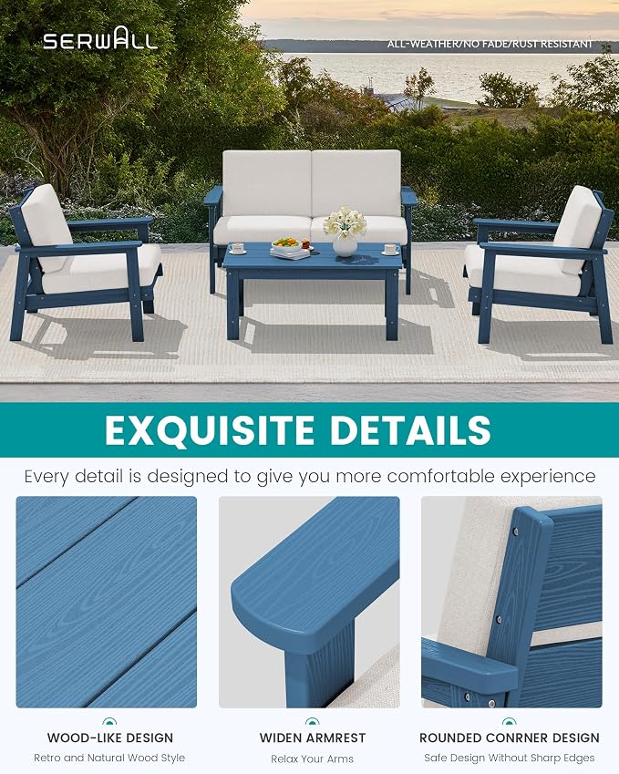 SERWALL HDPE Outdoor Furniture Set, 7 Piece All Weather Wood-Like Outdoor Sofa - Image 4