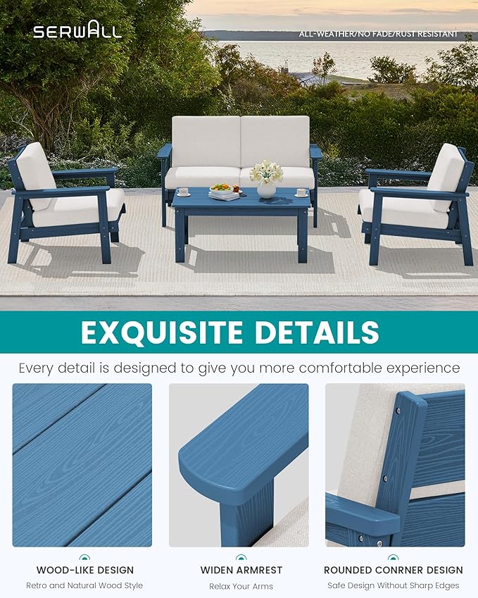 SERWALL HDPE Patio Furniture Set, 5 Piece All Weather Wood-Like Sectional - Image 3