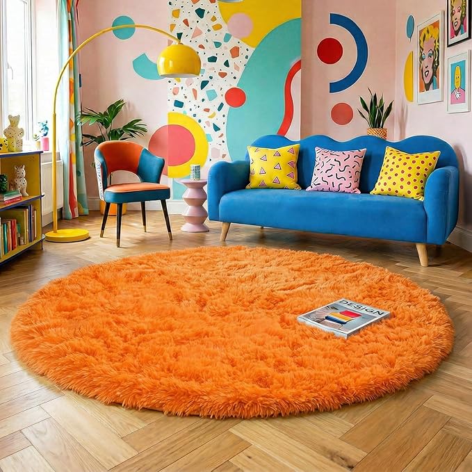 Amdrebio Orange Round Circle Rug 4Ft by Amdrebio