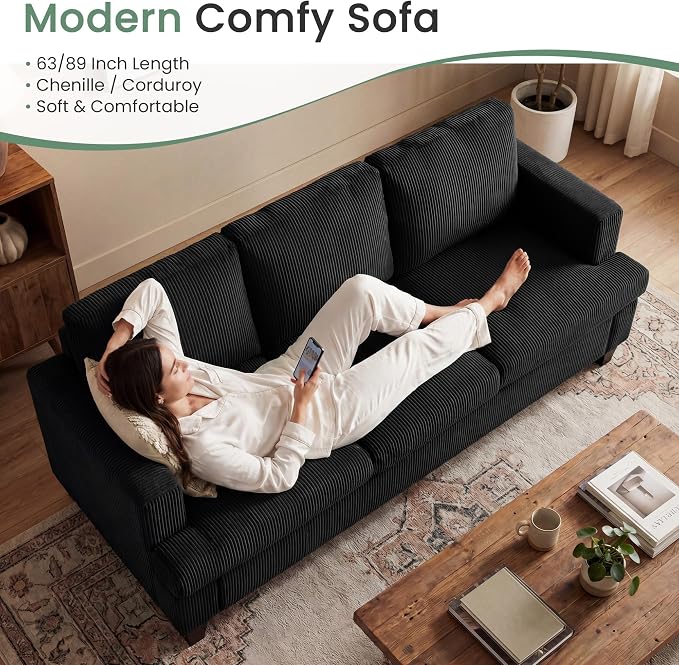 3 Seater Corduroy Couch for Living Room, 89” Black Cloud Sofa, Deep Seat Floor - Image 5