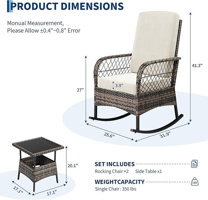 GarveeHome 3-Piece Outdoor Rocking Chair Set, Wicker Rattan Patio Furniture - Image 2