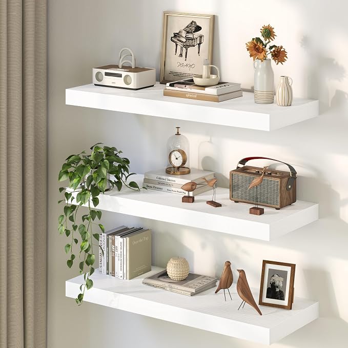 Fun Memories 12 Inch Deep White Floating Shelf, 24 x 12 Rustic Wood Wall Shelf - Image 4