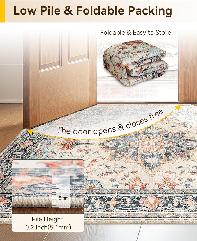 RELEANY Area Rugs 4'x5' Washable Non-Slip, Floral Vintage Distress Print - Image 4