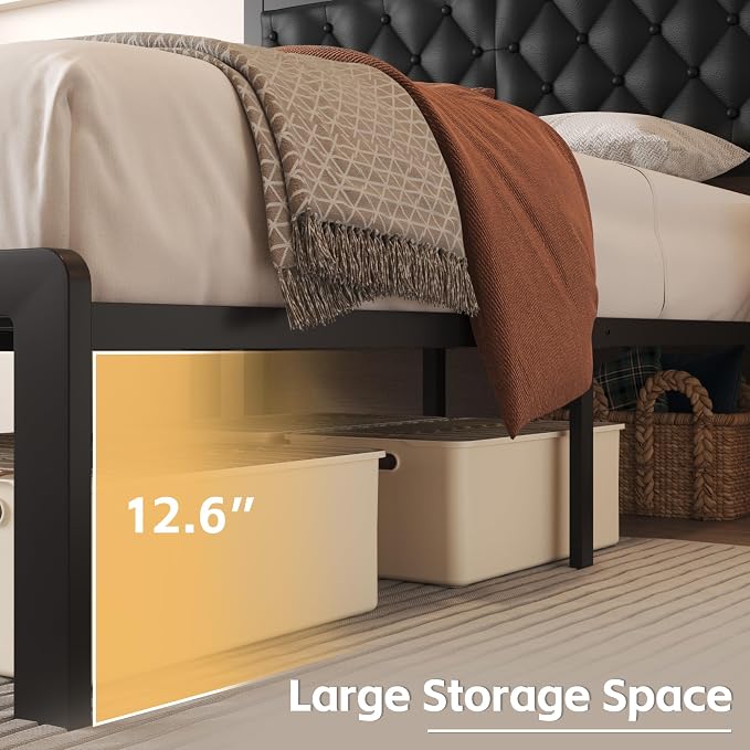 Fluest Full Bed Frame with Headboard PU Leather Upholstered Bed Frame Platform - Image 5