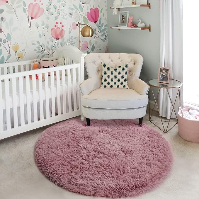 Blush Pink Small Round Rug 3Ft for Kids Bedroom, Fluffy Fuzzy Furry Circle Area - Image 6