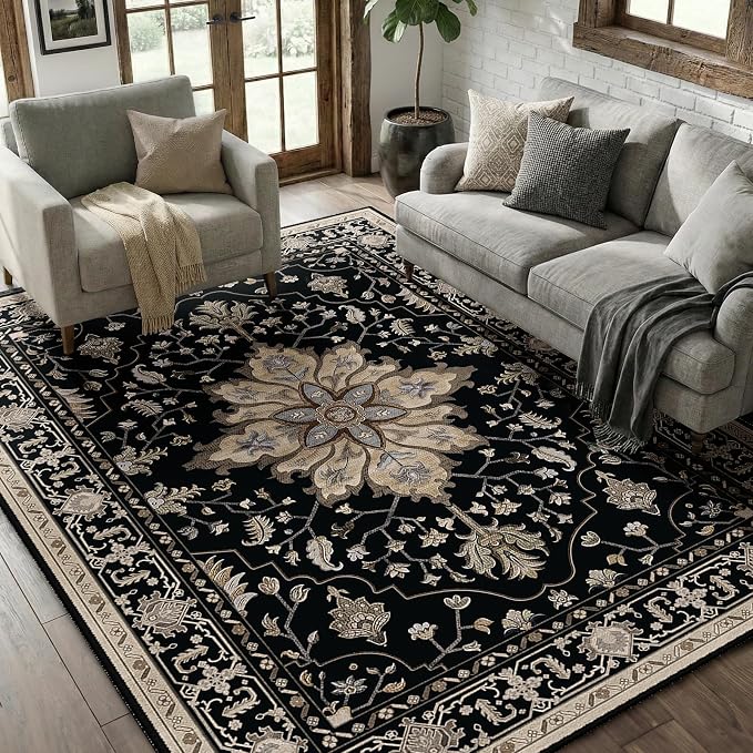 RELEANY Area Rugs 6'x8' Washable Non-Slip, Floral Vintage Distress Print by RELEANY