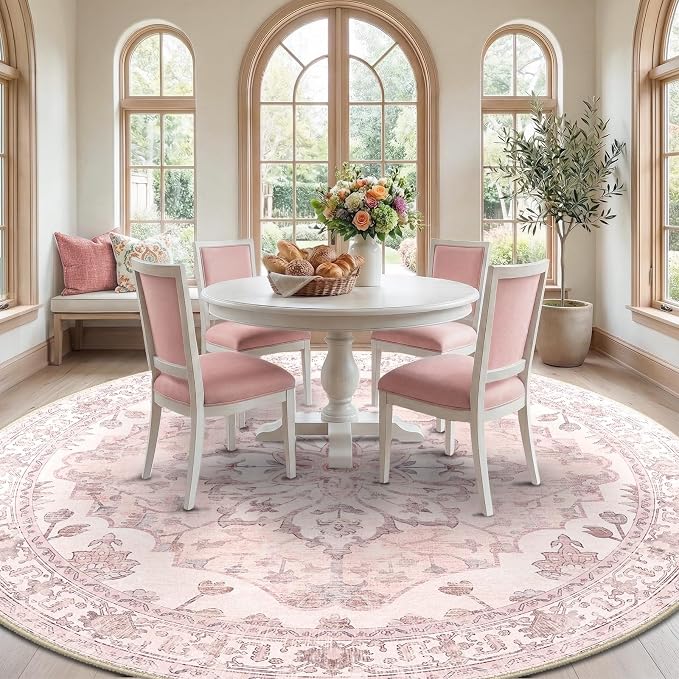 RELEANY Area Rugs Round 8ft Washable Non-Slip, Floral Vintage Distress Print - Image 3