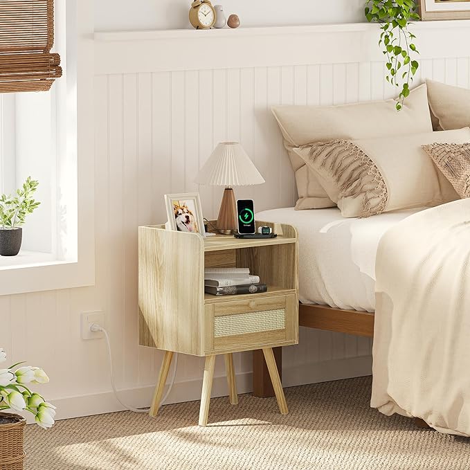 SUPERJARE Nightstand with Charging Station & Rattan-Like Decor Drawer, Rattan - Image 2
