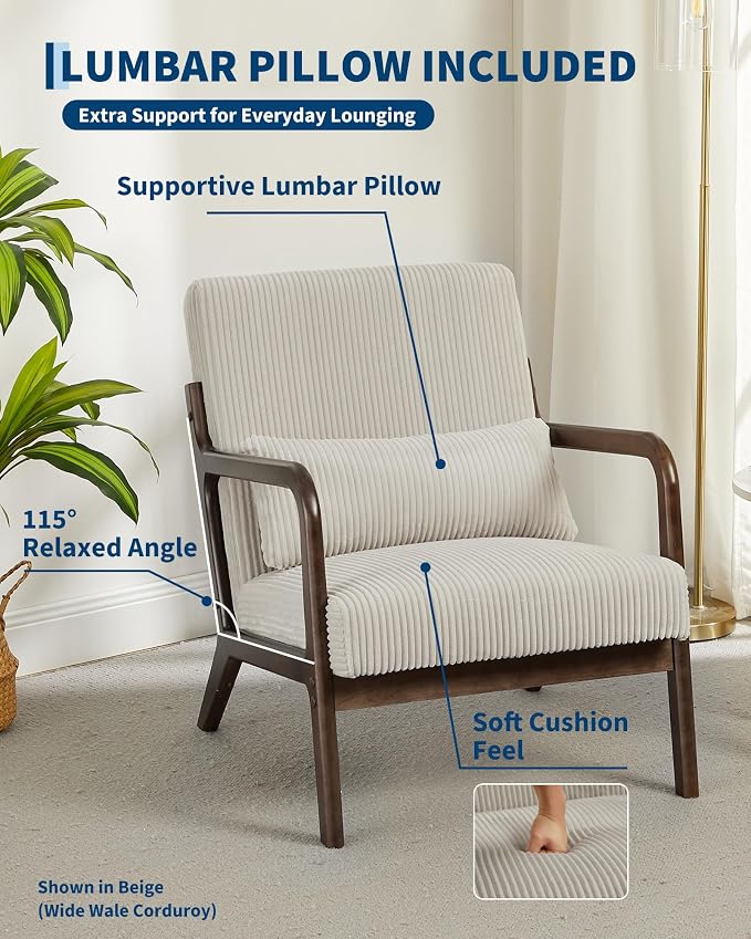Garvee Mid-Century Modern Accent Chair, Wide-Wale Corduroy Upholstery, Solid - Image 4