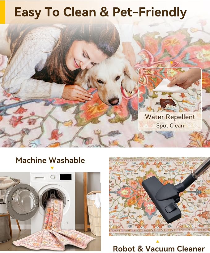 RELEANY Area Rugs Round 7ft Washable Non-Slip, Floral Vintage Distress Print - Image 3
