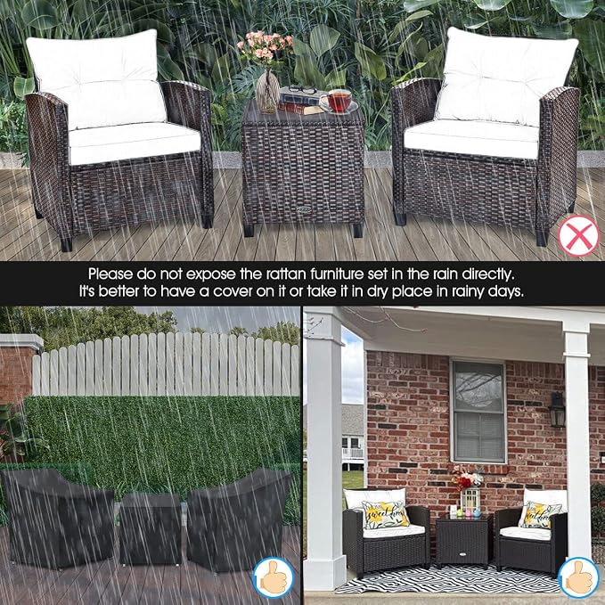 HAPPYGRILL 3 Pieces Patio Conversation Set, Outdoor Furniture Set PE Rattan - Image 8