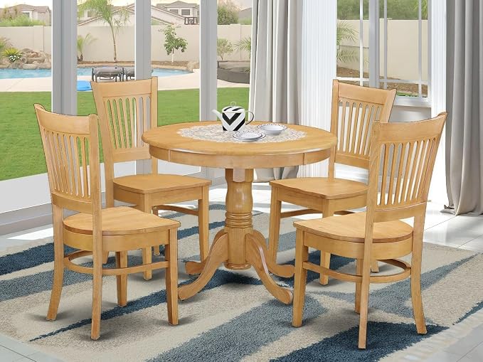 East West Furniture ANVA5-OAK-W 5 Piece Dining Set Includes a Round Dining Room - Image 2