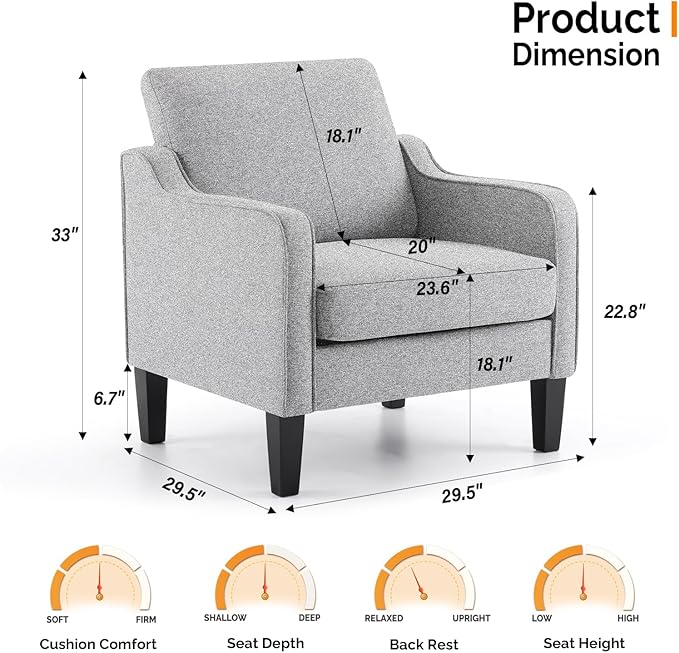 VINGLI Accent Chairs Set of 2 Gray Living Room Chairs Reading Chair - Image 2
