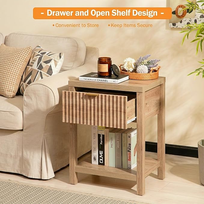 Fluted Night Stand with Golden Handle, Mid-Century Nightstands with Drawer - Image 6