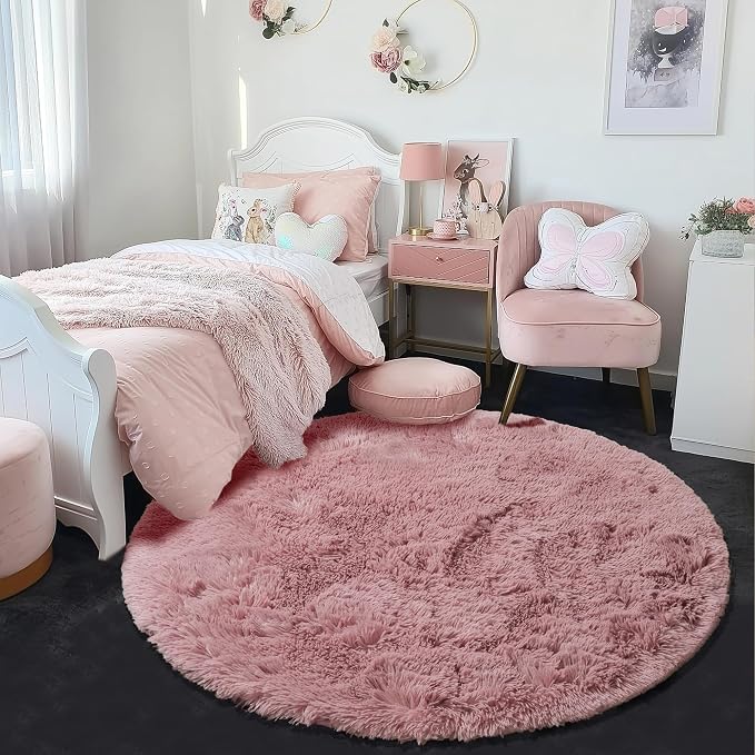 Blush Fluffy Round Rug 5Ft for Bedroom, Fuzzy Plush Circle Area Rugs for Baby - Image 6