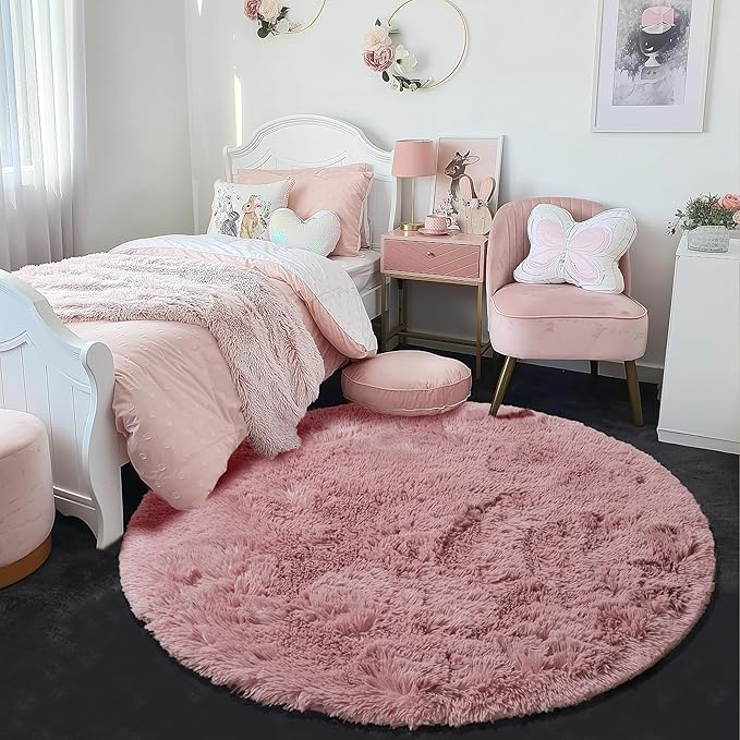 Blush Pink Big Round Rug 8Ft for Kids Bedroom, Large Fluffy Fuzzy Furry Circle - Image 6