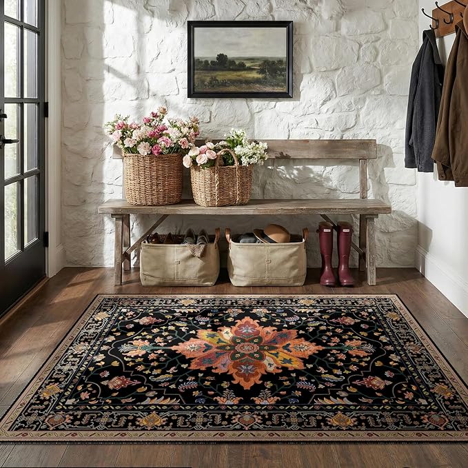 RELEANY Area Rugs 4'x6' Washable Non-Slip, Floral Vintage Distress Print - Image 2