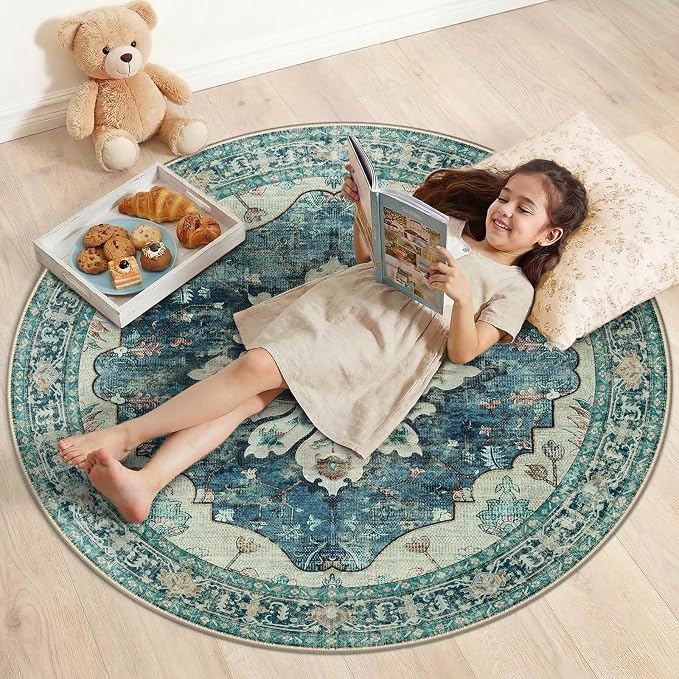 RELEANY Area Rugs Round 4ft Washable Non-Slip, Floral Vintage Distress Print by RELEANY