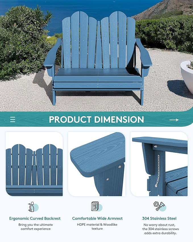 SERWALL Outdoor Folding Adirondack Bench, HDPE All-Weather Adirondack Loveseat - Image 5