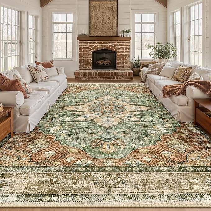 RELEANY Area Rugs 9'x12' Washable Non-Slip, Floral Vintage Distress Print by RELEANY