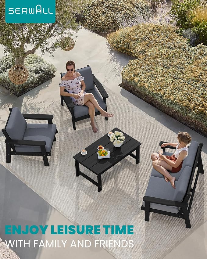 SERWALL 4 Piece HDPE Outdoor Furniture Set, All Weather Wood-Like Outdoor Sofa - Image 9