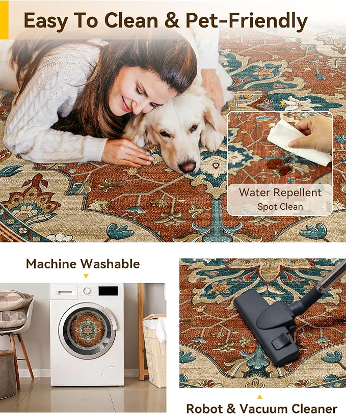 RELEANY Area Rugs Round 6ft Washable Non-Slip, Floral Vintage Distress Print - Image 5