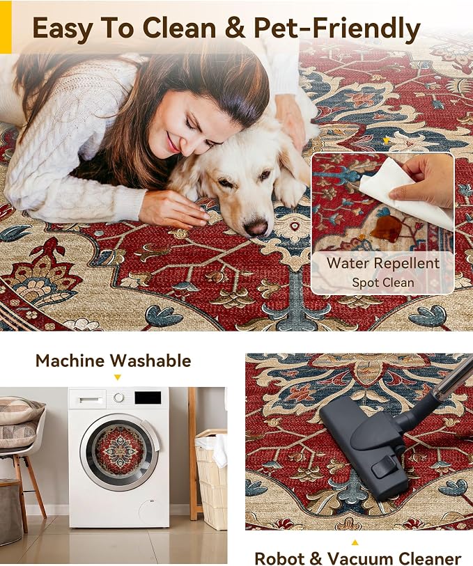 RELEANY Area Rugs Round 4ft Washable Non-Slip, Floral Vintage Distress Print - Image 5