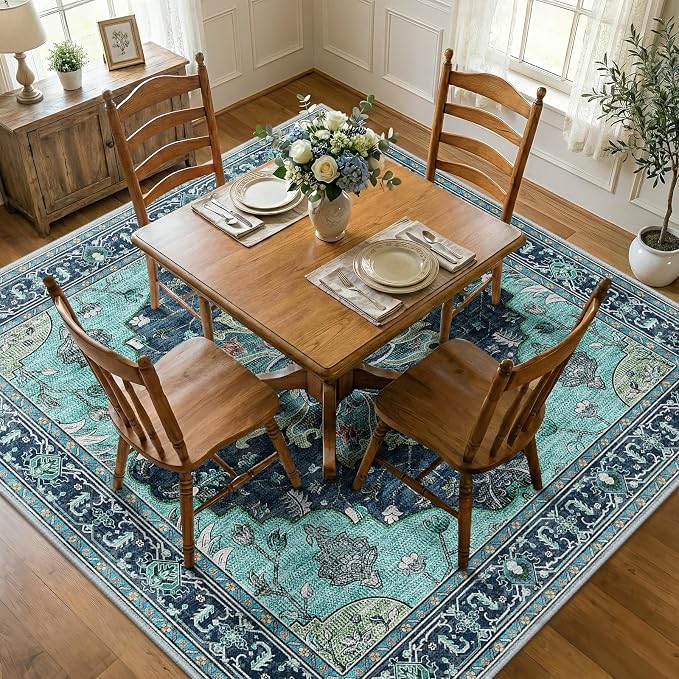 RELEANY Area Rugs Square 7ft Washable Non-Slip, Floral Vintage Distress Print by RELEANY