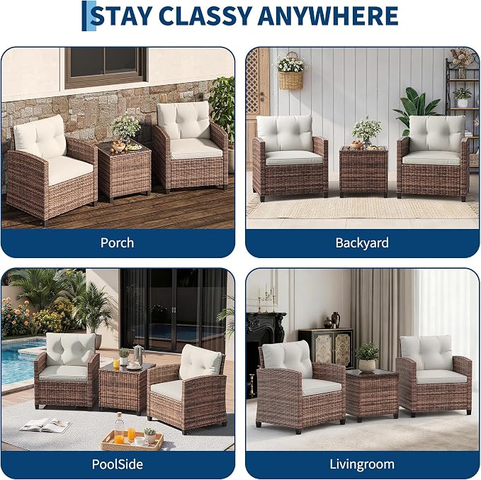 Garvee Outdoor Wicker Chairs, 3 Pieces Patio Furniture Set, All Weather High - Image 7