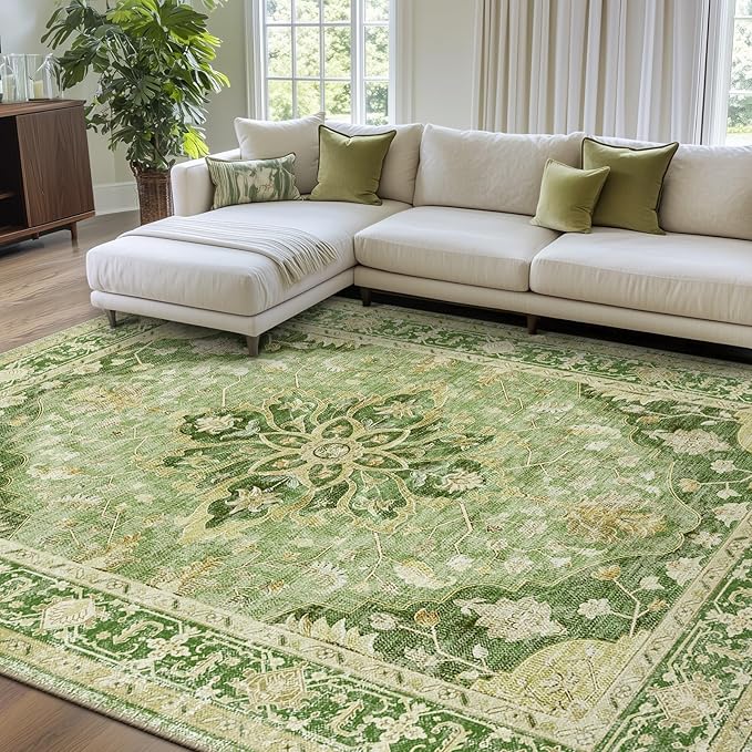RELEANY Area Rugs 7'x10' Washable Non-Slip, Floral Vintage Distress Print by RELEANY