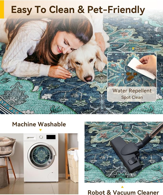RELEANY Area Rugs Round 8ft Washable Non-Slip, Floral Vintage Distress Print - Image 5