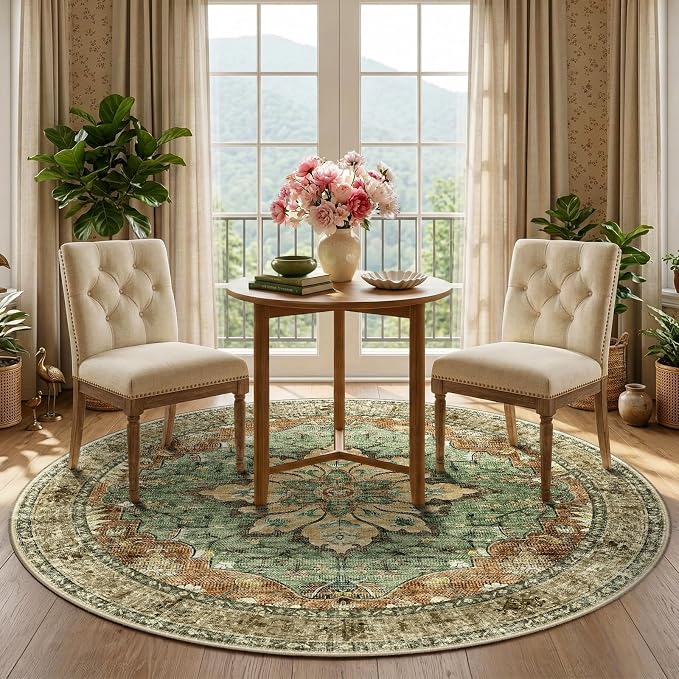RELEANY Area Rugs Round 5ft Washable Non-Slip, Floral Vintage Distress Print - Image 2