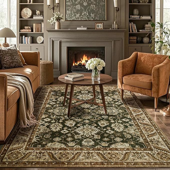 Area Rug for Living Room, 8x10 Area Rugs Washable, Retro Floral Non-Slip Carpet by Rtizon