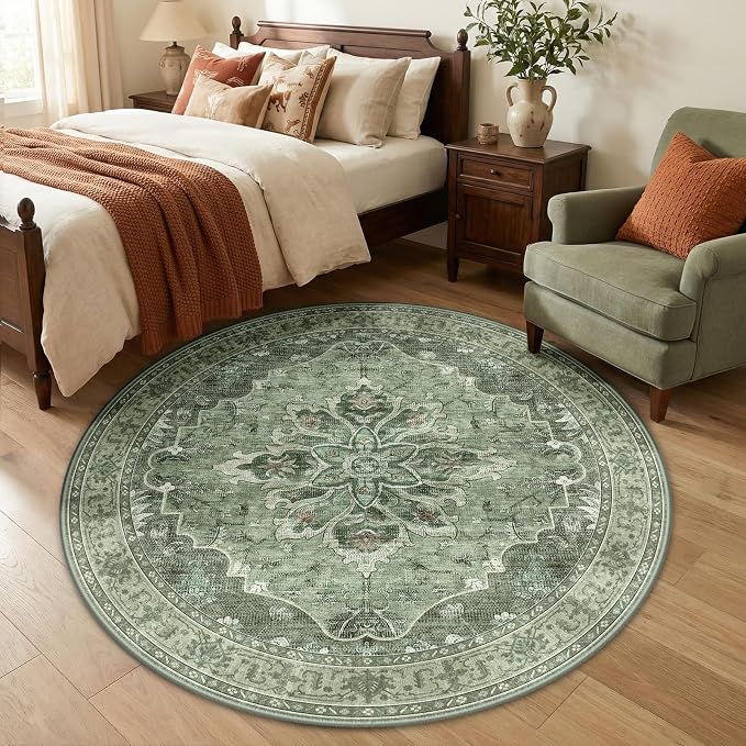 RELEANY Area Rugs Round 5ft Washable Non-Slip, Floral Vintage Distress Print by RELEANY