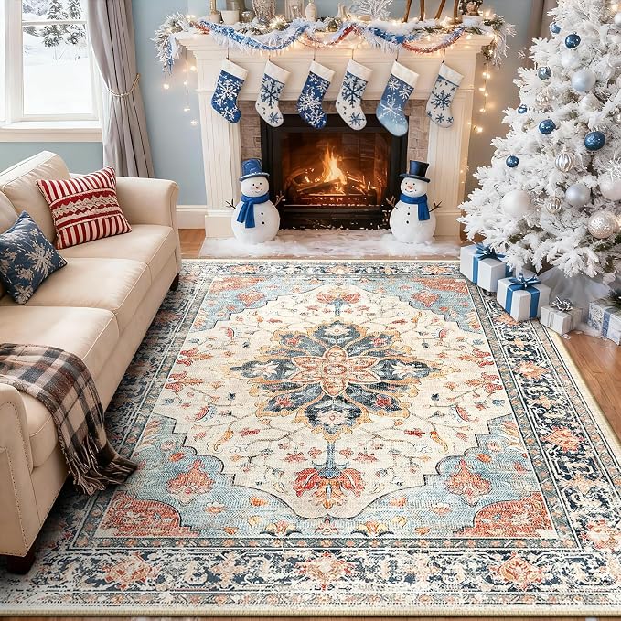 RELEANY Area Rugs 7'x9' Washable Non-Slip, Floral Vintage Distress Print - Image 2