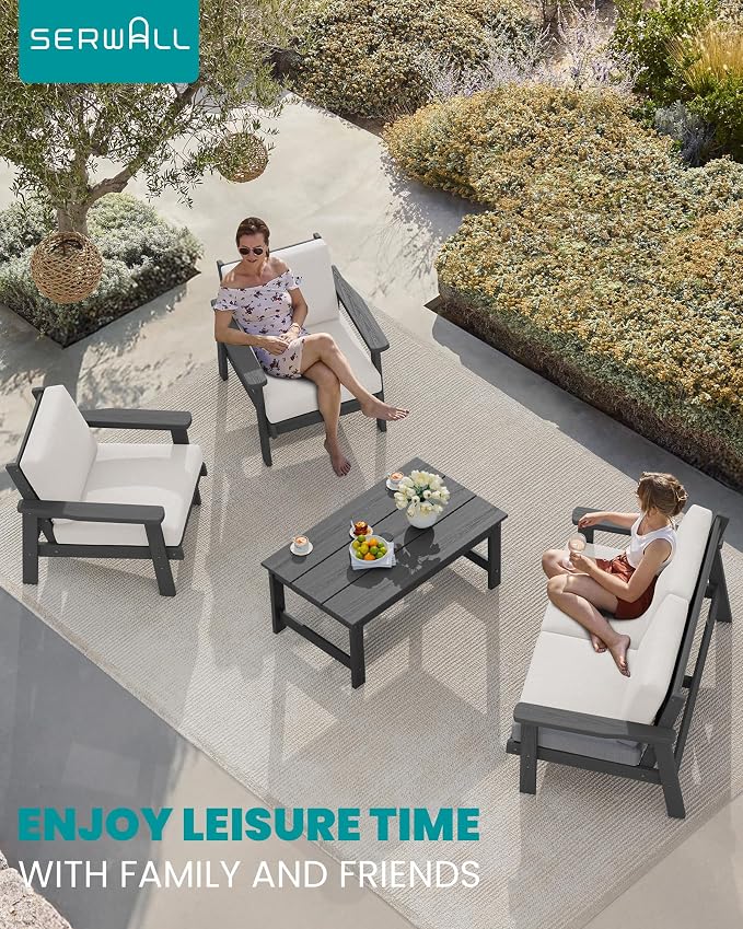 SERWALL HDPE Patio Furniture Set, 5 Piece All Weather Wood-Like Sectional - Image 2