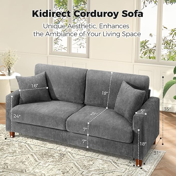 Kidirect 70in Corduroy Sofa, Comfy Loveseat Sofa No Tool Assembly, Couches - Image 2