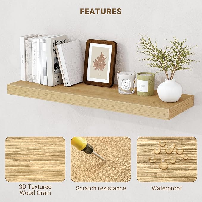 Acovy 32 Inch Floating Shelves, 3D Textured Wood Grain, Wooden Shelves - Image 4