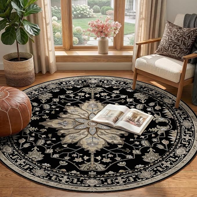 RELEANY Area Rugs Round 4ft Washable Non-Slip, Floral Vintage Distress Print - Image 2