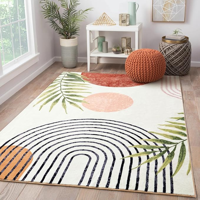 RoomTalks Mid Century Modern Washable Rug, Boho Cute Aesthetic 9x12 Area Rugs by RoomTalks