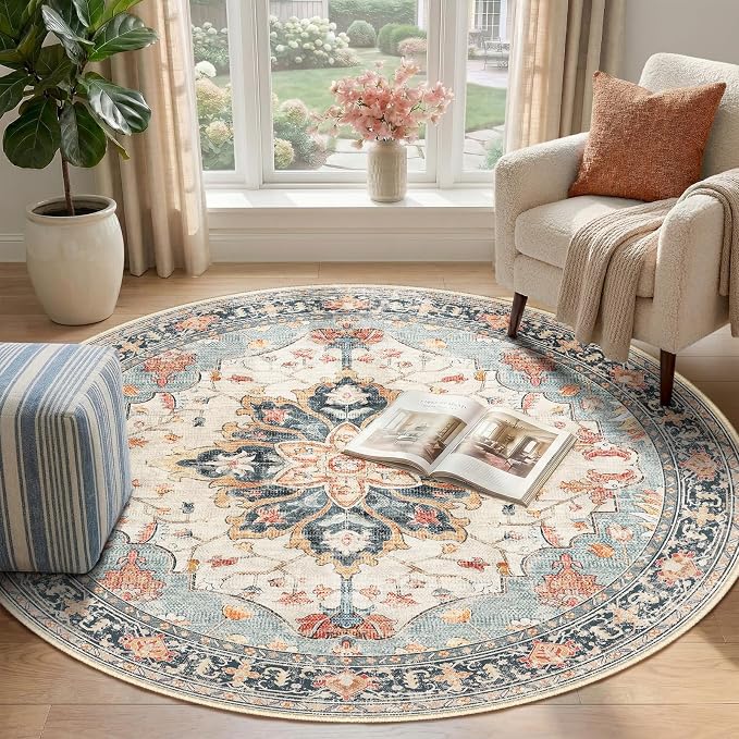 RELEANY Area Rugs Round 4ft Washable Non-Slip, Floral Vintage Distress Print - Image 2