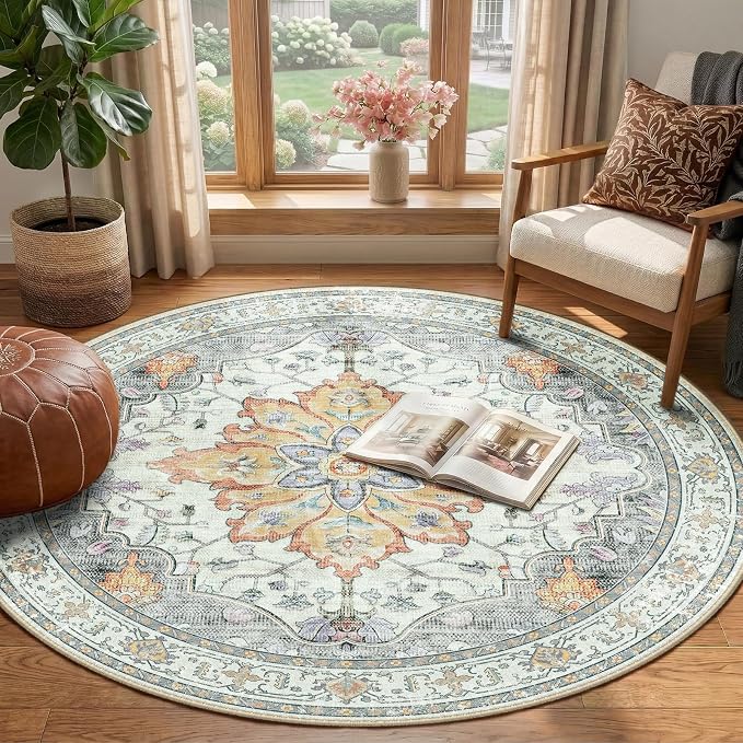 RELEANY Area Rugs Round 4ft Washable Non-Slip, Floral Vintage Distress Print - Image 2