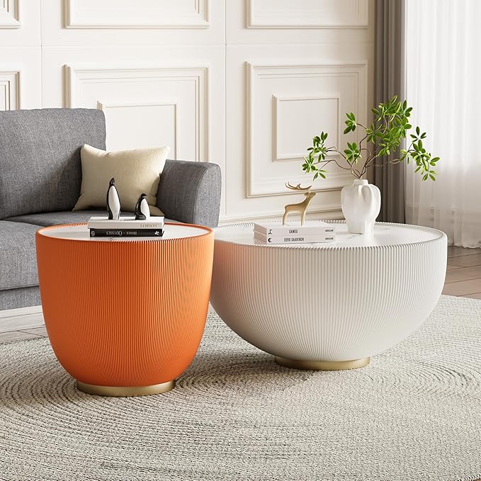 Round Marble Coffee Table Set of 2, 2 Piece Coffee Table and End Table by Henf